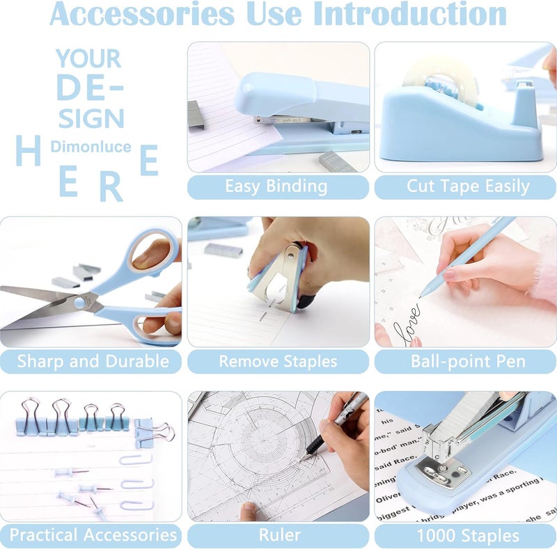 Dimonluce Blue Desk Accessories, Blue Office Supplies Accessories with Tape Dispenser, Stapler, Staple Remover, 1000 Staples, Tape, Clips Set, Ruler, Scissor, Pen - Image 4